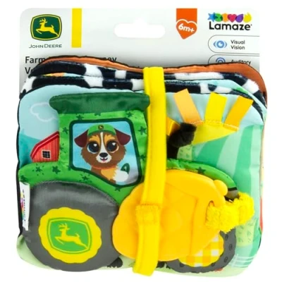 Imagen de LAMAZE John Deere Libro de viaje la granja a mesa plegable suave para bebé con páginas coloridas y blancas en blanco negro, sonidos crujido, cintas juguetes morder, partir