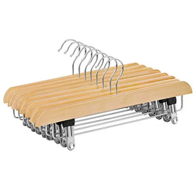 Imagen de Songmics CRW008 8 Perchas para Faldas, Paquete de 8, Pantalones Madera Maciza con Clips Antideslizantes Pantalones, Cortos, Color Natural