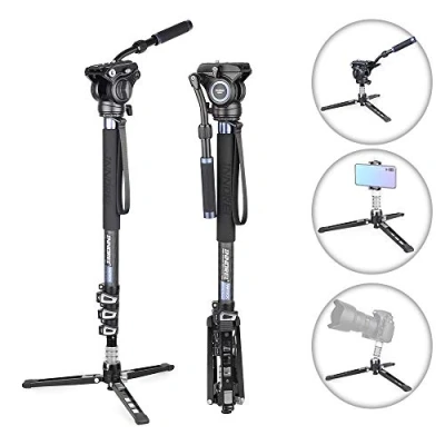 Imagen de Monopod, INNOREL VM70CK Trípode Monopod 182cm para Video Profesional Cámara Telescópica de Fibra Carbono liviano con Cabezal Fluido y Base 3 Patas, Cargue hasta 6kg
