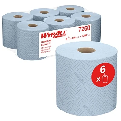 Imagen de WypAll L20 General Clean 7260 paños de papel color azul para mantenimiento y limpieza, rollos dispensación central 2 capas 6 azules x 550 (3300 en total)
