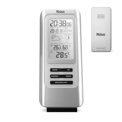 Imagen de MEBUS Estación meteorológica controlada por radio con sensor exterior, termómetro, higrómetro, reloj controlado radio, indicador de bienestar, clima interior, previsión meteorológica, calendario
