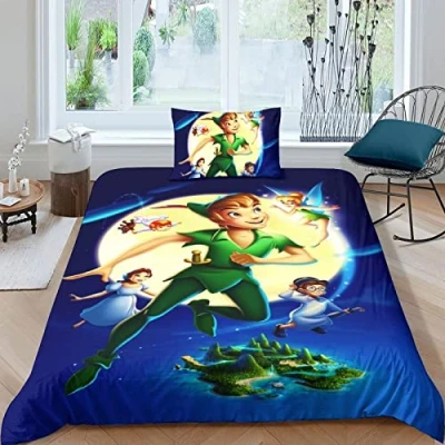 Imagen de Funda Nórdica Peter Pan, Ropa De Cama Microfibra Animación, Juego para Niñas Y Niños, Edredón con Cremallera Fundas Almohada Single（135x200cm）