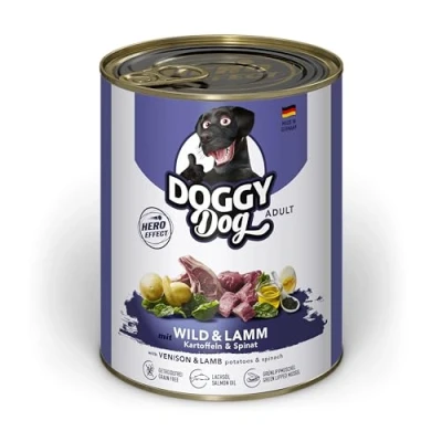 Imagen de DOGGY Dog Paté Wild &amp; Cordero, 6 x 800 g, Comida húmeda para Perros, sin Cereales, con Aceite de salmón y mejillón Labios Verdes, pienso Completo Espinacas Patatas, Fabricado en Alemania