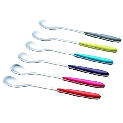 Imagen de EXZACT Cuchara Larga 6 pieza/Cucharas para Helado Sundae Acero inoxidable Colores Surtidos Mango Largo, Latte, Pulido De Espejo Ideal Café, Postre, Chocolate Caliente