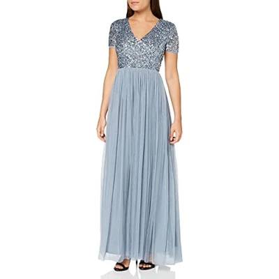 Imagen de Maya Deluxe Vestido Maxi Adornado con Escote En V Dama de Honor para Mujer, Azul, 48