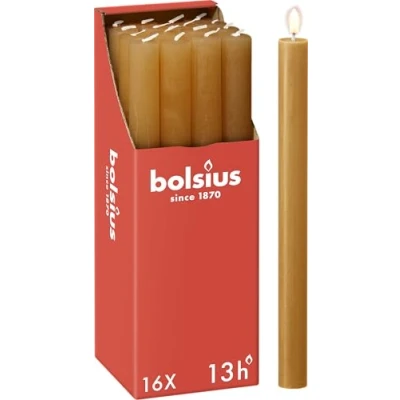 Imagen de Bolsius Velas cónicas para cenas, color amarillo, paquete de 16 unidades, larga duración combustión 13 horas, vela doméstica, decoración interiores, sin perfume, cera natural vegana, 27 x 2,3