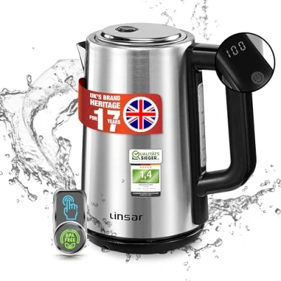 Imagen de Linsar Hervidor de agua digital, aspecto acero inoxidable, 1,7 litros, función mantener el calor, 5 ajustes temperatura, filtro cal, apagado automático, mango Cool Touch, 2200 W