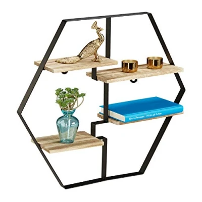 Imagen de relaxdays Estantería Hexagonal de Pared, Cuatro baldas, Madera &amp; Hierro, 52x60x12, 1 Ud., Negro Marrón