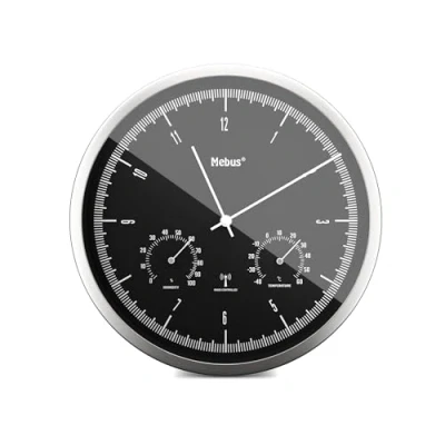 Imagen de Mebus Reloj de Pared inalámbrico TinyTime con termómetro e higrómetro sin Ruido tictac 25 cm Esfera Negra Caja Plateada 1977