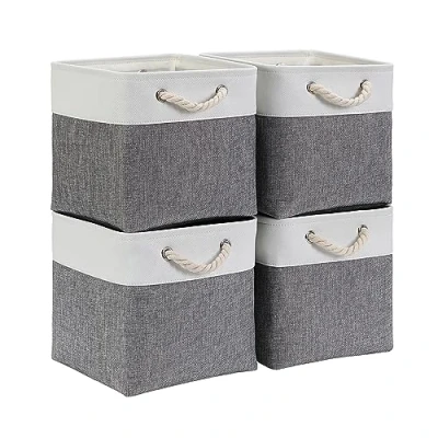 Imagen de Mangata Cajas de Almacenaje, Cestas Almacenaje Tela para Ropa, Armarios, Estantes, Juguetes, 28x28x28 cm (Plegable, 4X, Gris Blanco)