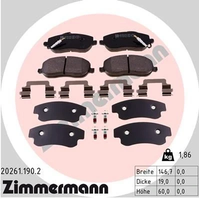 Imagen de ZIMMERMANN 20261.190.2 Juego de pastillas freno CITROËN: C8, Jumpy I Furgón, MPV, PEUGEOT: 807, Expert I, Furgón