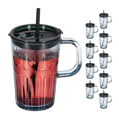 Imagen de Relaxdays Set de 10 Vasos, Jarras para Beber con Tapa y Pajita, Jarritas Batidos Zumos 450 ml, Asa, Gris, Silicona