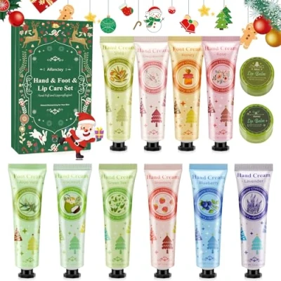 Imagen de Juego de pintalabios crema manos, 12 unidades, cremas para pies, bálsamo labial mujeres y hombres, set regalo hidratante Navidad cumpleaños