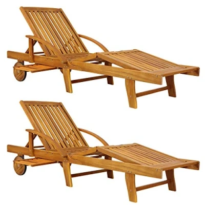 Imagen de CASARIA 2X Tumbonas Madera Acacia Silla Reclinable Jardín Mesa Extensible Ruedas Plegable 160Kg