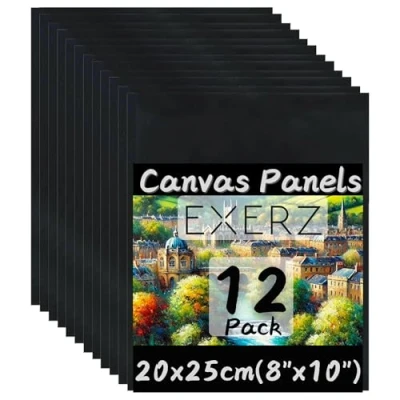 Imagen de Exerz Paneles de Lienzo Negro 20x25cm, 12 piezas, 3 mm Grosor, 280 g/m², 100% Algodón, Triple Imprimación, Sin Ácidos, Grano Medio Óleo y Acrílica