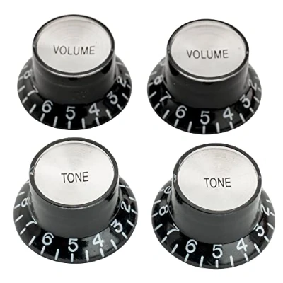 Imagen de Musiclily Pro Zurdas Tamaño Métrico 18 Splines 2 Volume Tone Botones de Potenciómetros Reflector Knobs Set para Guitarra Eléctrica Epiphone Les Paul SG Style, Negro con Plateado Top (Juego 4)