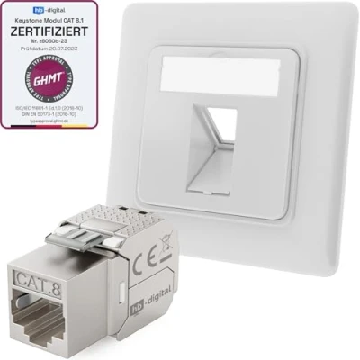 Imagen de hb digital enchufe de red 1 puerto CAT 8 empotrable, RAL9003 + x GHMT certificado Keystone RJ45 módulo LAN Ethernet hembra máx. 40 Gbps STP Blanco señal