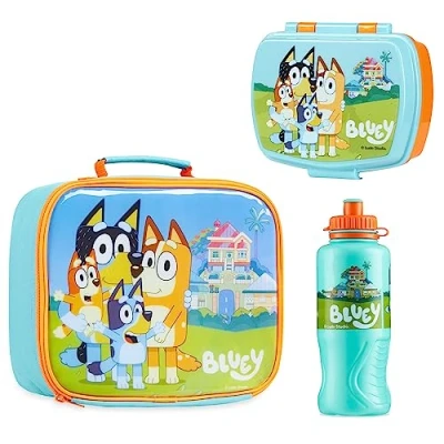 Imagen de Bluey Bolsa Termica Porta Alimentos, Set 3 Piezas con Loncheras para Niños, Fiambrera Infantil Sandwichera y Botella de Agua, Merienda Bocadillos Guardería Accesorios Oficiales (Azul/Naranja)