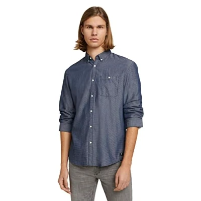 Imagen de TOM TAILOR Denim Hombre Camisa texturizada 1024719, 26434 Navy White Dobby Structure, M