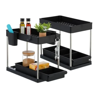 Imagen de Relaxdays Juego Lavabo 2 Estantes Bajo Fregadero Deslizantes, Baldas, 4 Ganchos y Contenedores C/U, 33 x 22 40 cm, Negro, Acero Inoxidable