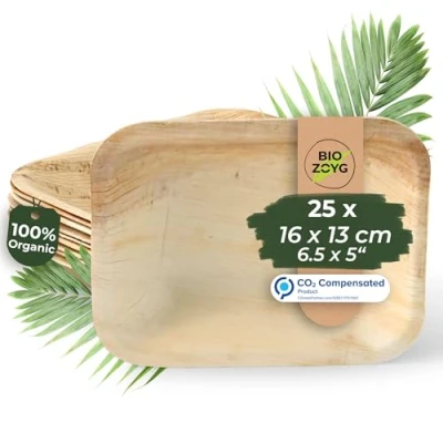Imagen de BIOZOYG 25x platos de hoja palma 16x13 cm Vajilla desechable y compostable fiesta sostenible