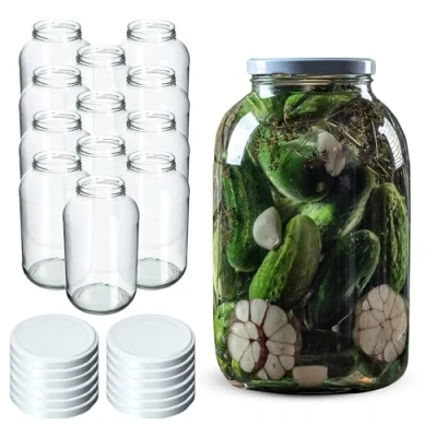 Imagen de KADAX tarros de conservas 4 L, fi100 mm, para conservas, redondos, pepino, (12 unidades, tapa blanca)