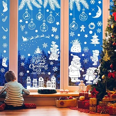 Imagen de Pegatinas Navidad Ventanas Cristal, 9 Hojas Adhesivos Ventana, Reutilizable Decoracion Escaparates, PVC Adornos de para Ventanas, Copos Nieve
