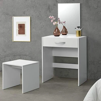 Imagen de Juego de Tocador Mesa Maquillaje con Espejo y Taburete 132 x 63 39 cm cosmética Cajón Silla Peine Blanco