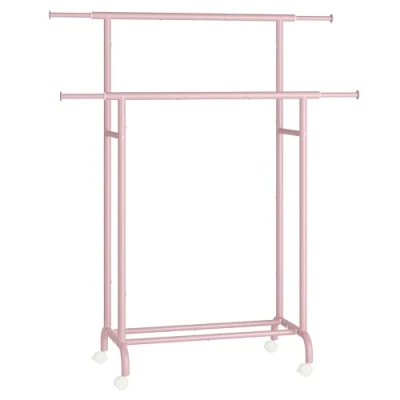 Imagen de SONGMICS Burro para Ropa, Perchero de Doble Barra con Ruedas, Colgante Extensible, 80 kg Carga Máx., Marco Metal Robusto, Anchura 83 120 cm, Rosa Jalea HSR133R01