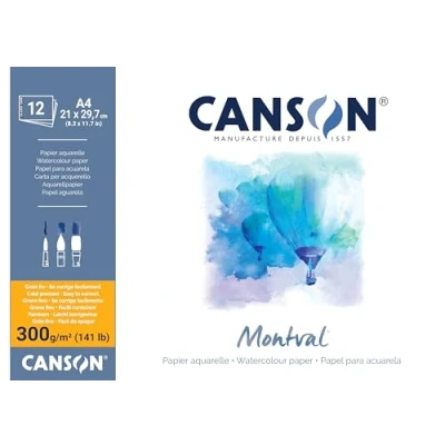 Imagen de CANSON Montval, Papel para acuarela, Grano Fino, 300gsm, 141lb, Hoja, A4 21x29,7cm, Blanco Natural