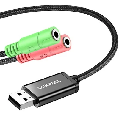 Imagen de DuKabel Adaptador de Tarjeta Sonido USB Externo para computadora y PS4, Cable convertidor Audio 3,5 mm a 2 Jack Auriculares, parlante micrófono TRS 3 Polos Negro