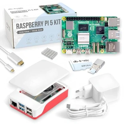Imagen de Raspberry Pi 5 4GB Starter Kit 64GB microSD Fuente de alimentación USB C 27W Carcasa con ventilador Cable Micro HDMI 1m Disipador calor