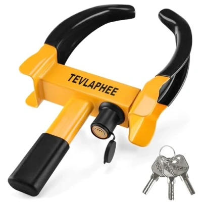 Imagen de Tevlaphee Cepo Antirrobo Rueda Coche Remolque Caravana Reforzado Universal Ajustable Protección PVP Cerradura Antitaladro(Negro &amp; Amarillo)
