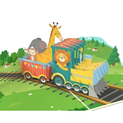 Imagen de MOKIO® Tarjeta Pop Up Locomotora de vapor con animales felicitación 3D para un cumpleaños, regalo emergente niñas y niños