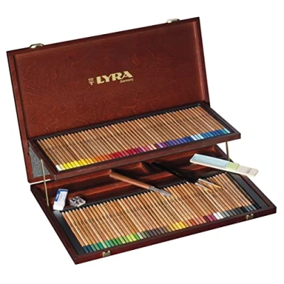 Imagen de LYRA Rembrandt Aquarell, lápices de Colores Acuarelables para Bellas Artes, hexagonal, Caja Madera, 96 surtidos y accesorios, 106 piezas