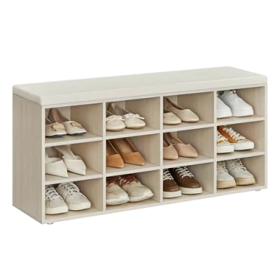 Imagen de VASAGLE Banco Zapatero, Zapatero con Asiento, Cojín y 12 Compartimientos, Estantes Ajustables, para Entrada, Sala de Estar, 30,3 x 104 48 cm, Beige Natural LHS012K04