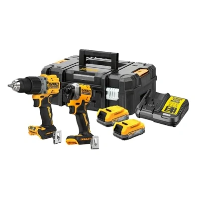 Imagen de DEWALT DCK2050E2T QW Kit: 1x Taladro percutor 18V XR DCD805, 1 Destornillador de impacto ¼&quot; DCF850, 2 baterías Powerstack 18V/1,7Ah DCBP034, cargador rápido sistema DCB115
