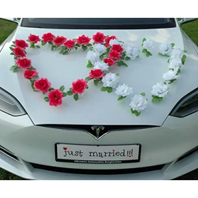 Imagen de Autoschmuck Adorno para Coche de Doble corazón, Novia, par, Rosa, decoración Boda, Coche, ratán, Color Rosa y Blanco Puro, 34 x 24 14 cm
