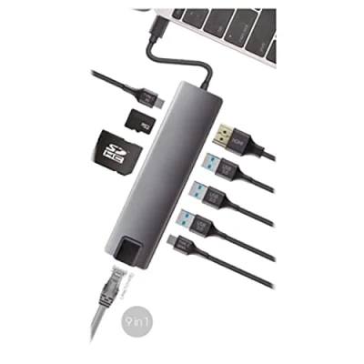 Imagen de Hub Minidock Usb c 9 Puertos (rj45 Ethernet, Hdmi, Usb3.0 (3x), Microsd, Sd, Datos Y Pd)