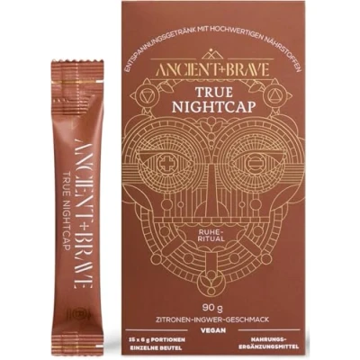 Imagen de Ancient + Brave True Nightcap Suplemento para Dormir de Magnesio Zinc Vitamina C y Aminoácidos 15 Sobres x 6 g Ayuda Dormir, Sueño Reparador Adultos Sabor Jengibre Limón, Vegano