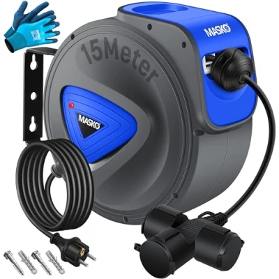 Imagen de Masko cable alargador automático de 15 m con conexión 3 vías, giratorio 180grados, alimentación 1,5 m, soporte pared, enrollador cables, incluye guantes
