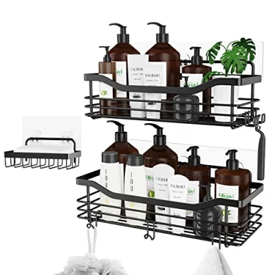 Imagen de Orimade Adhesivo Estantes Cesta para Ducha Estanteria con 5 Colgadores Organizador Baño SUS304 Acero Inoxidable Sin Taladro Pack de 3 (Negro)