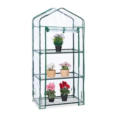 Imagen de Relaxdays Invernadero Pequeño Balcón, 3 Niveles, Mini Huerto Urbano, 128 x 60 40cm, Cubierta PVC, Transparente y Verde
