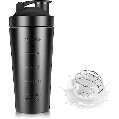 Imagen de Coctelera Proteinas en Acero Inoxidable con Esfera Mezcladora. Bote Mezclador 750 ml Mezcladora y Filtro para Proteinas. Shake Blender…