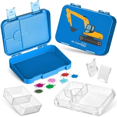 Imagen de My Vesperbox Len Bento Box Niños Fiambrera con 4 + 2 compartimentos Extremadamente resistente ideal para la guardería y escuela… (Azul Excavadora)