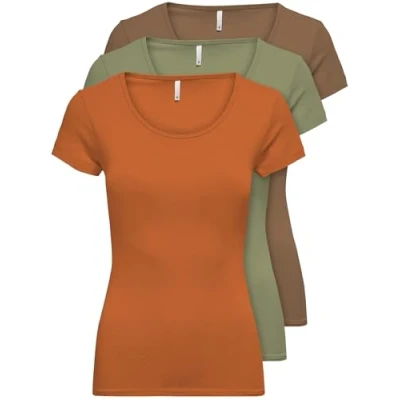 Imagen de ONLY 15209153 Paquete de 3 camisetas para mujer, color negro o blanco, básicas verano, manga corta, largas, en las tallas XS, S, M, L, XL, XL
