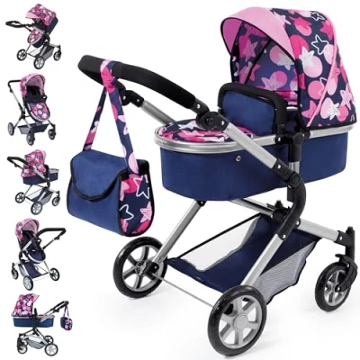 Imagen de Bayer Design 18169AA Cochecito de Muñecas City Neo, con Bolso, transformable, Altura Regulable, Plegable, Moderno, Color Azul Estrellas