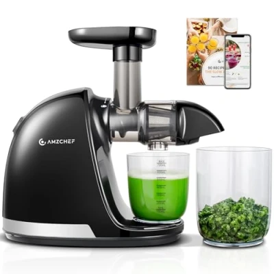 Imagen de AMZCHEF Licuadora prensado en frío Extractor de zumos y verduras Licuadoras para con 2 depósitos cepillo Cold press slow juicer machine función masticación inversa Negro Mate