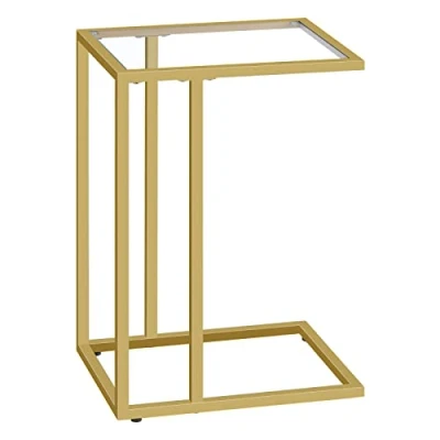 Imagen de HOOBRO Mesa Auxiliar en Forma de C, Cristal Templado con Marco Metal, Delgada para Espacio pequeño, sofá y Cama, Estilo Moderno, Dorado EGD03SF01G1
