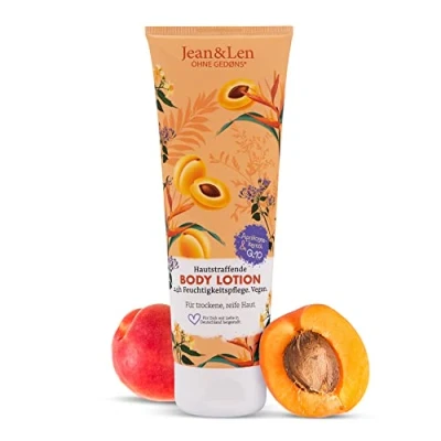 Imagen de Jean &amp; Len loción corporal reafirmante de aceite albaricoque y Q10, para piel seca madura, aporta una suave con un uso regular, sin parabenos ni siliconas, vegana, 250 ml